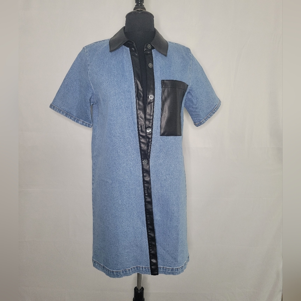 STAUD Blue Denim Dress with Black Leather Trim Excellent Condition